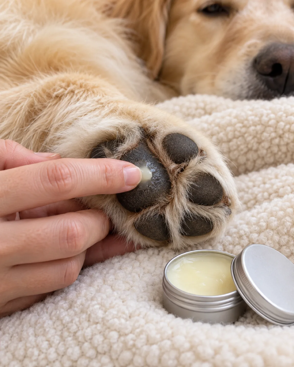 close-up of a large golden-cream fluffy double-coated dog front paw on a cream fleece blanket with the owner fingers applying a small dab of balm from a small plain tin onto the center pad in bright warm indoor light