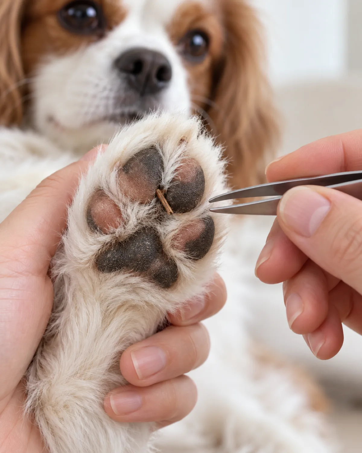 close-up of the underside of a small white-and-liver patched silky-coated dog paw held gently by the owner in bright light with a tiny twig fragment visible caught between two pads and the owner other hand holding tweezers at the ready