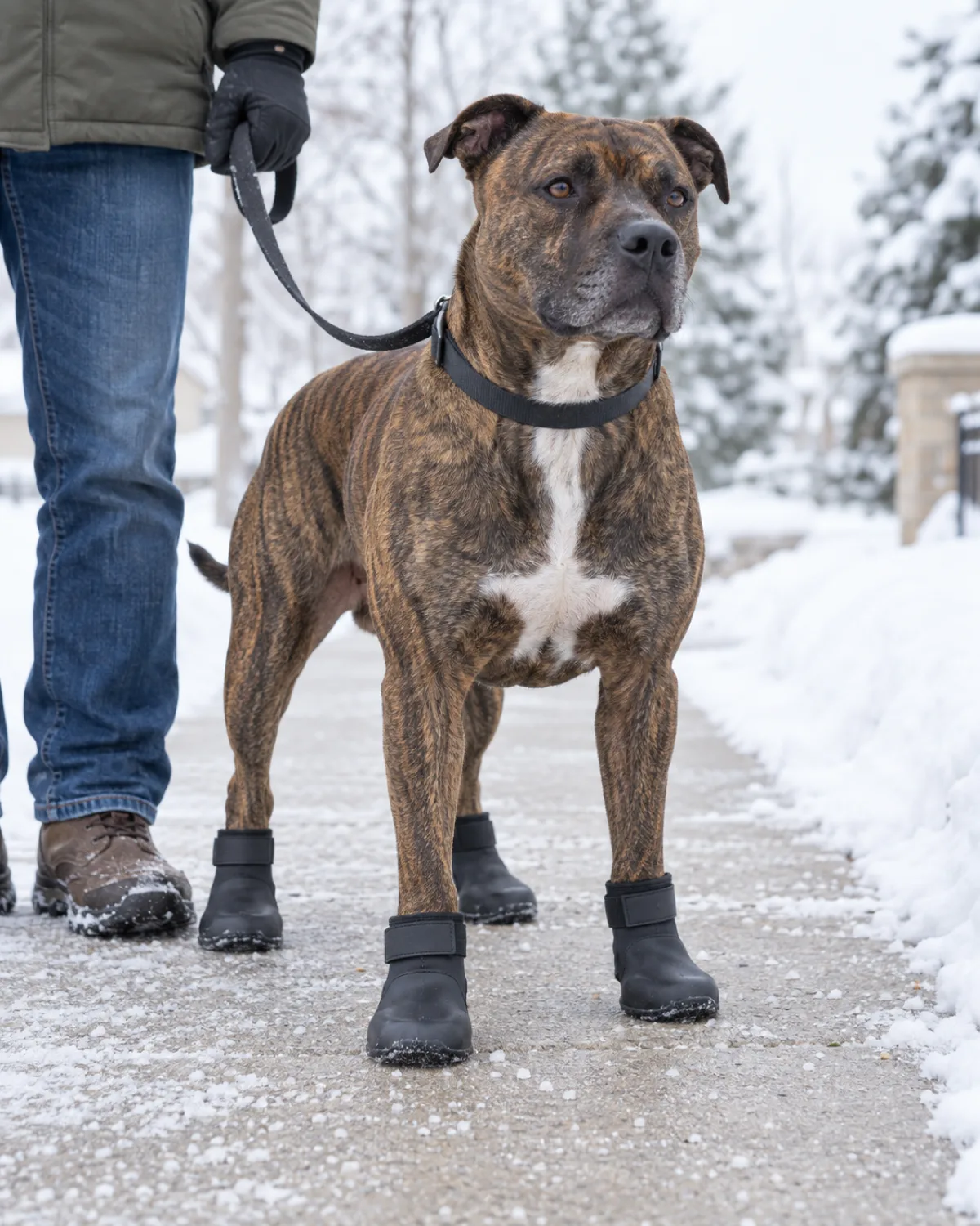 a medium dark-brindle short-coated dog with a muscular chest and small rose ears standing on a snowy sidewalk wearing fitted rubber dog boots on all four paws with the owner standing beside holding a leash in bright overcast winter daylight