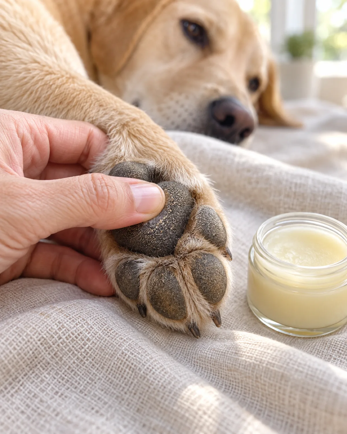 close-up of a medium sandy-blonde smooth-coated dog rough dry front paw pad on a pale linen cloth with a small open jar of paw moisturizer and the owner thumb mid-rub on the pad in bright natural light from a nearby window