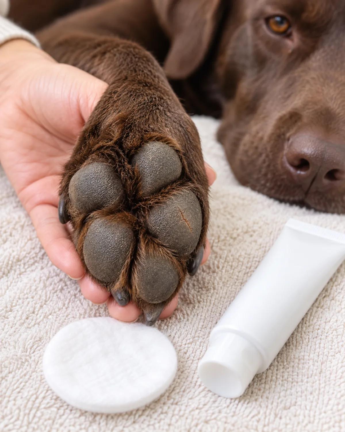 close-up of a large chocolate-brown short-coated dog paw pad showing a small hairline crack on one pad with the owner gently holding the paw on a pale towel and a tube of pet-safe wound ointment and a cotton pad nearby in bright indoor light