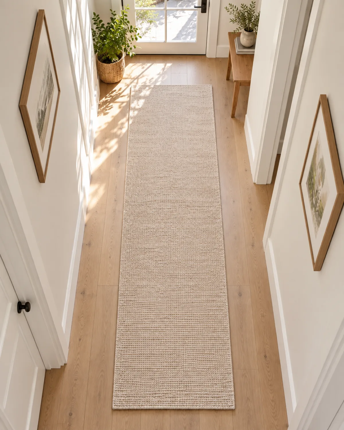 overhead shot of a pale wood hallway floor with a soft washable runner rug laid down the center in bright natural light from a glass door at the end showing a clean minimalist home interior with a paw-friendly non-slip surface