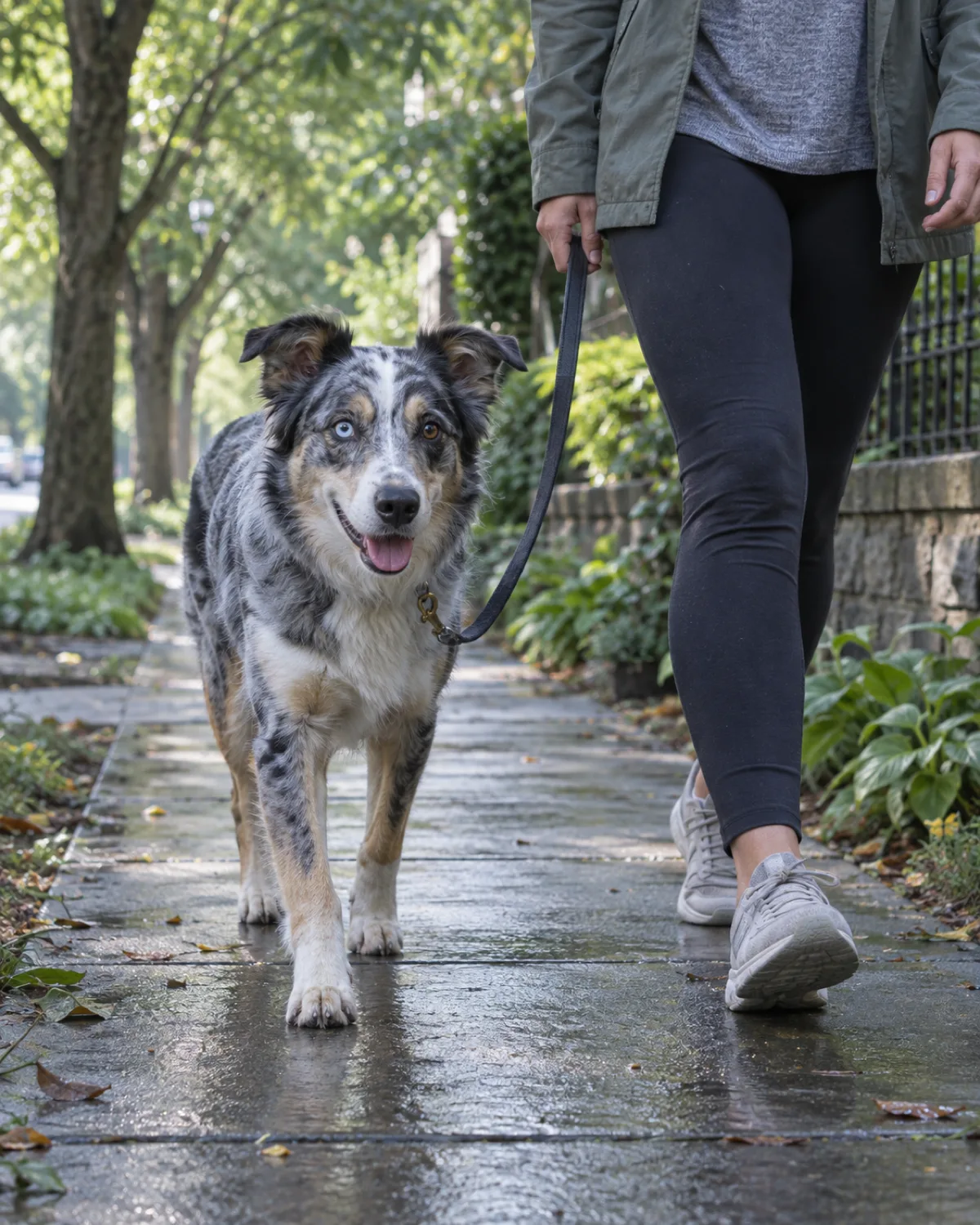 a medium blue-merle mottled-coated dog with one blue eye and one brown eye walking with the owner on a shaded tree-lined sidewalk in early morning light with long soft shadows on the pavement and the dog trotting with a relaxed stride