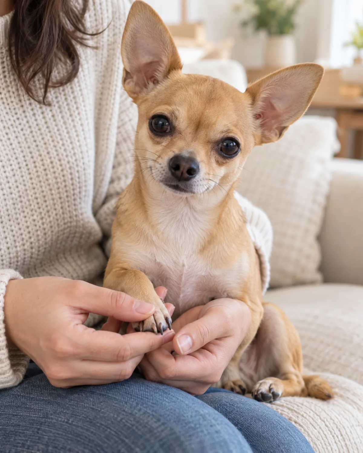 a small fawn smooth-coated dog with large round dark eyes and oversized bat-like ears sitting calmly on the owner lap on a cream couch while the owner gently touches and holds one tiny front paw with the puppy looking relaxed in bright living room light