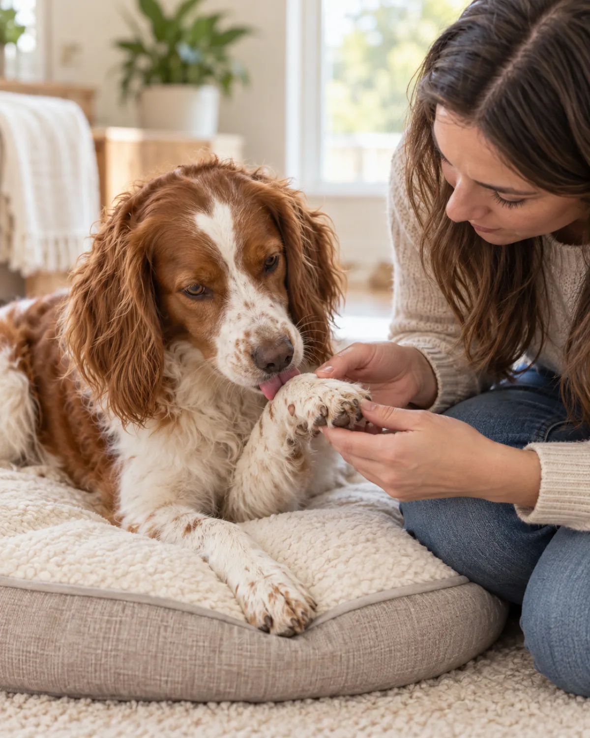 a medium red-and-white parti-colored wavy-coated dog with hazel eyes lying on a pale cream dog bed indoors with one front paw slightly lifted and licking it while the owner kneels beside and gently examines the paw in bright window light