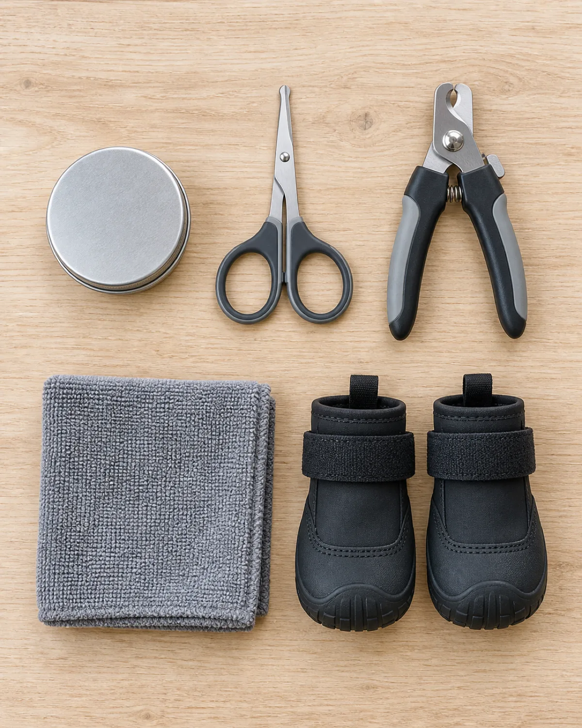 flat lay arrangement on a pale wood surface showing a small tin of paw balm and rounded-tip scissors and a nail clipper and a soft microfiber cloth and a pair of rubber dog boots arranged in a neat grid in bright overhead light as a simple seasonal paw care toolkit