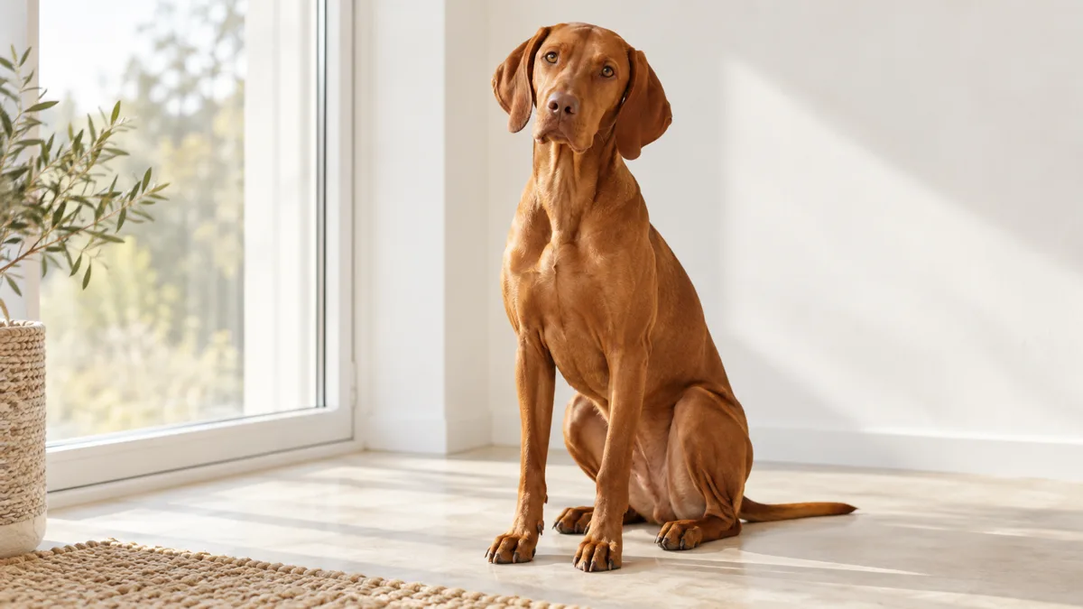 a medium-large sleek dog with a uniform rusty golden-brown short coat floppy ears and a lean athletic frame sitting in front of a large bright window on a cream-colored floor soft natural window light illuminating the face from the side clean white wall background calm regal expression