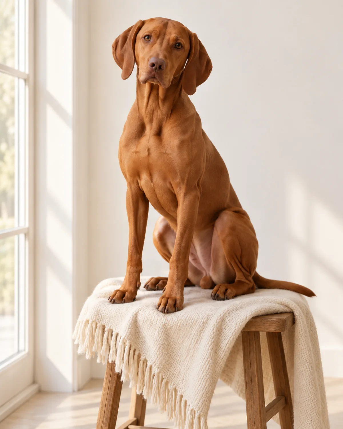 a medium-large sleek dog with a uniform rusty golden-brown short coat floppy ears and a lean athletic frame sitting slightly turned on a cream blanket draped over a wooden stool soft side light from a large window to the left plain light wall behind gentle attentive expression