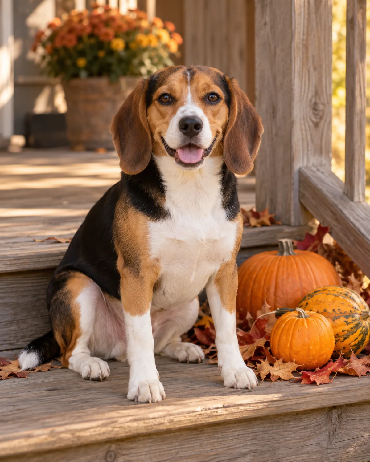 a small sturdy tricolor black white and tan short-coated hound with long low-set floppy ears sitting on a wooden porch step next to a small pile of orange gourds and dried fall leaves warm afternoon sunlight rustic wood porch railing visible behind happy alert expression