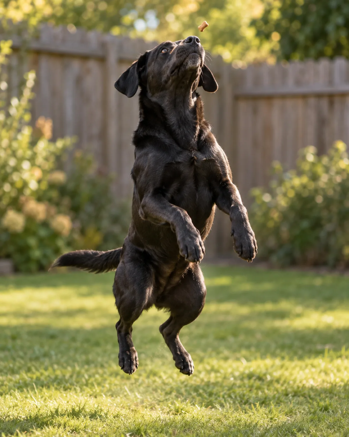 a large athletic solid-black short-coated dog with floppy ears and a glossy coat captured mid-leap in a grassy backyard reaching upward for a small treat tossed just above head height all four paws off the ground with natural joint angles golden afternoon sunlight blurred wooden fence background