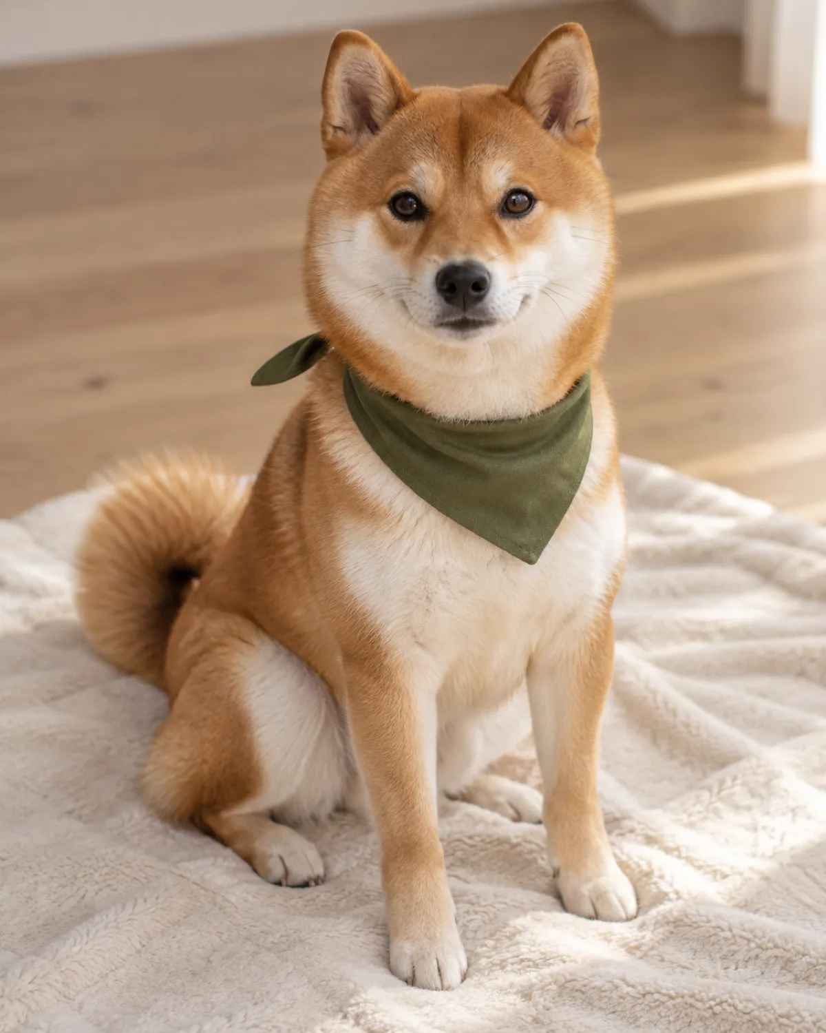 a small compact dog with a thick orange-red double coat and white underside erect ears a curled tail and a fox-like face sitting on a cream blanket wearing a small olive-green bandana tied neatly around the neck looking directly at the camera with a proud alert expression soft neutral indoor light