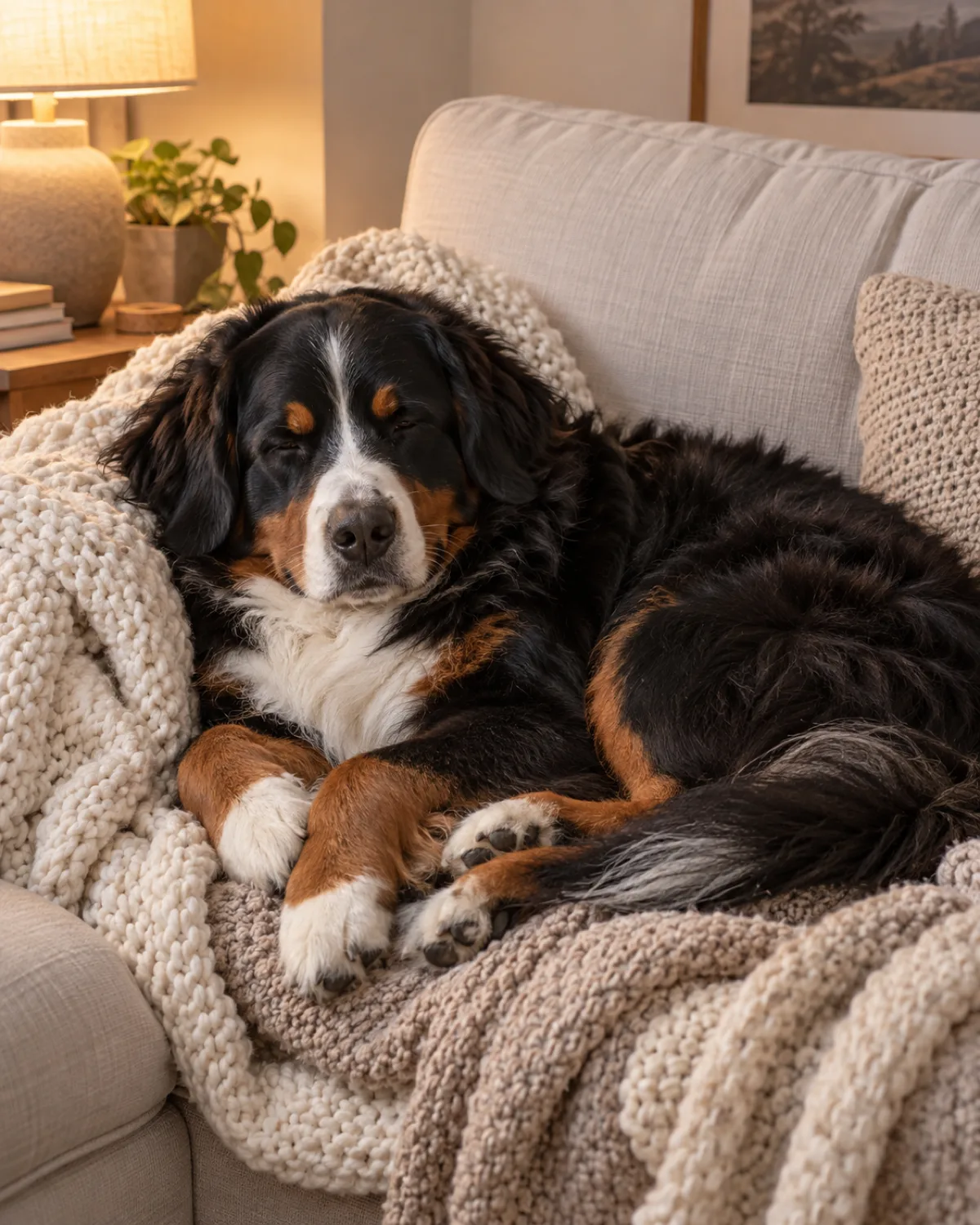a large sturdy dog with a thick tricolor coat black body rust eyebrows and legs white chest blaze and floppy ears curled up in a nest of soft cream and oatmeal-colored knit blankets on a light-colored sofa eyes half-closed in a drowsy expression warm lamp light from the left side peaceful cozy scene