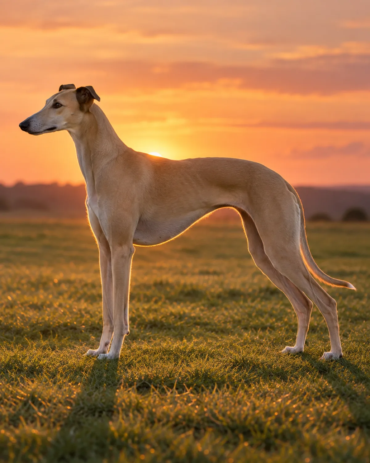 a lean deep-chested dog with a tucked waist arched loin very long slim legs a short fawn coat and rose-folded semi-erect ears standing in elegant profile on green grass with the sun very low behind casting a golden-orange silhouette rim light around the entire outline warm dusk sky