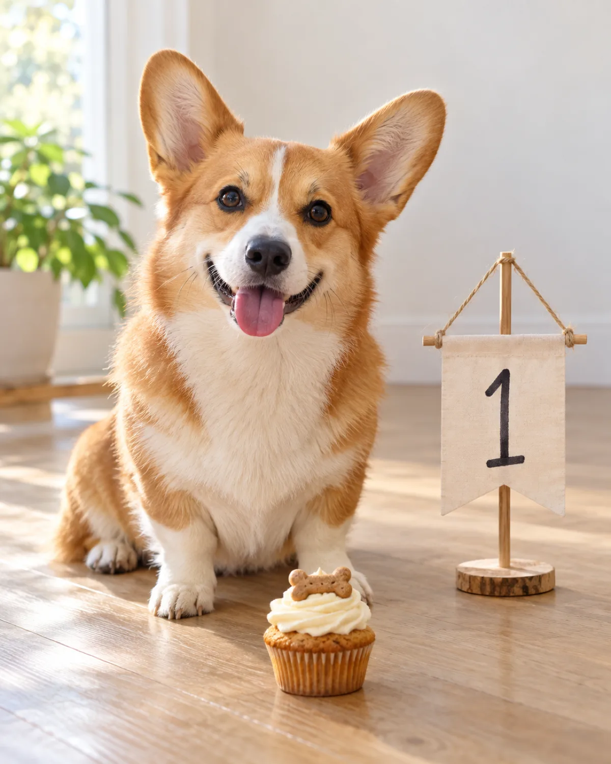a small dog with very short legs and a long low body a red-and-white coat oversized erect ears and a foxy face sitting on a light wood floor next to a small hand-lettered paper banner with the number one written on it in front of a single dog-safe cupcake with a small bone-shaped treat on top