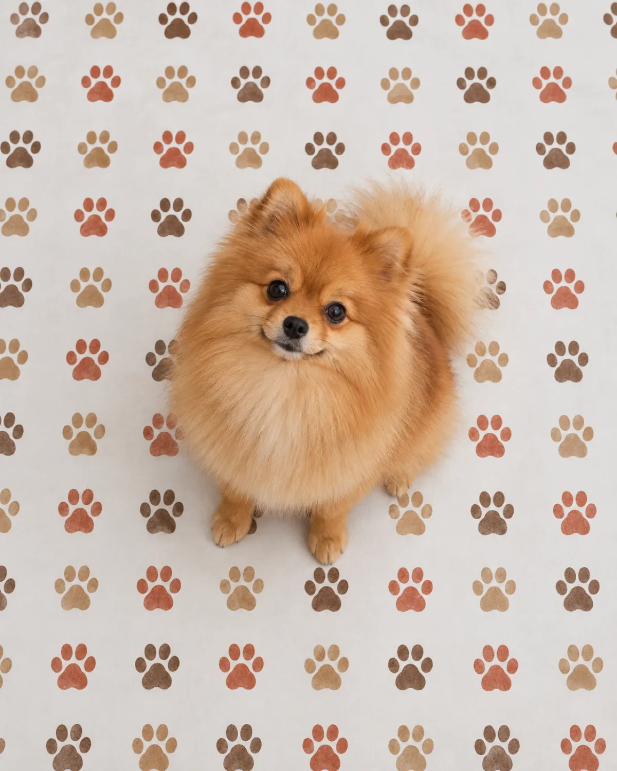 a tiny dog with a profuse fluffy orange double coat a foxy face small erect ears and a plumed tail curled over the back sitting centered on a large sheet of white craft paper stamped with colorful paw-print stamps in earth tones brown terracotta and tan the stamps uniform in size and evenly spaced
