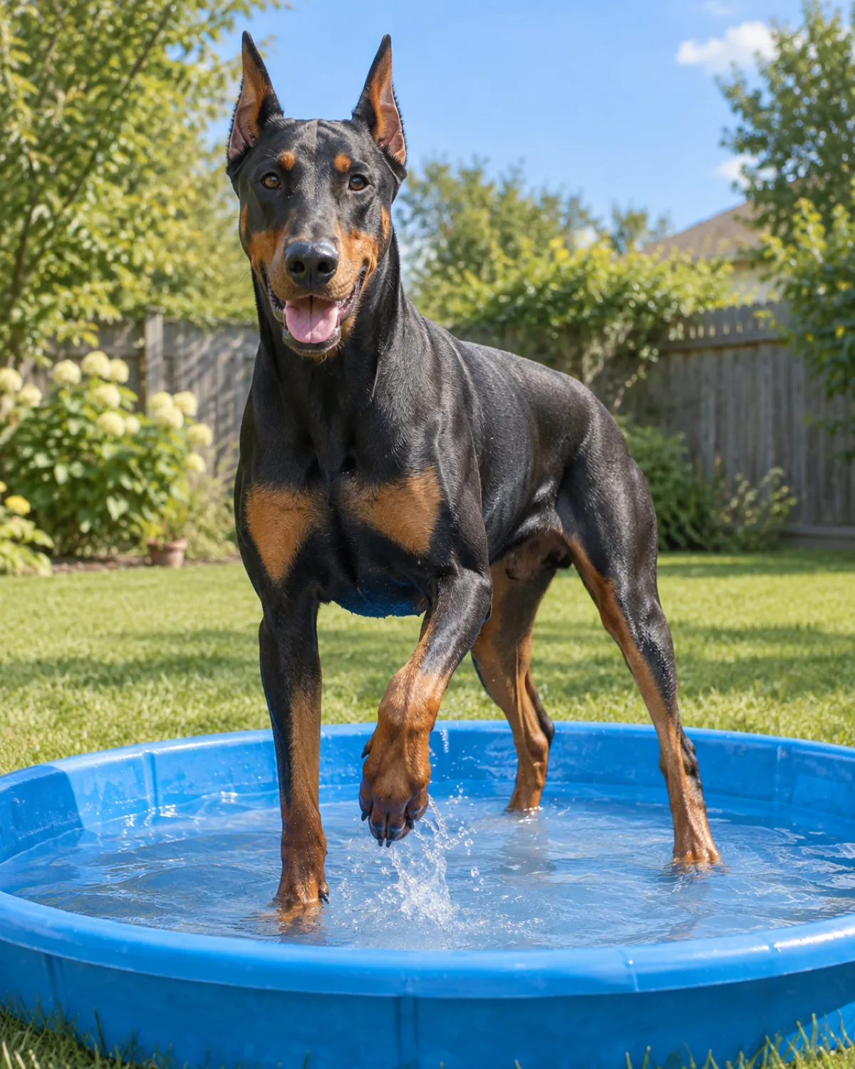 a large lean muscular dog with a sleek black-and-tan short coat sharp rust points on chest and legs upright ears and a long muzzle standing in a shallow blue kiddie pool on green grass water just barely covering the paws at ankle depth one front paw lifted mid-splash water droplets catching sunlight