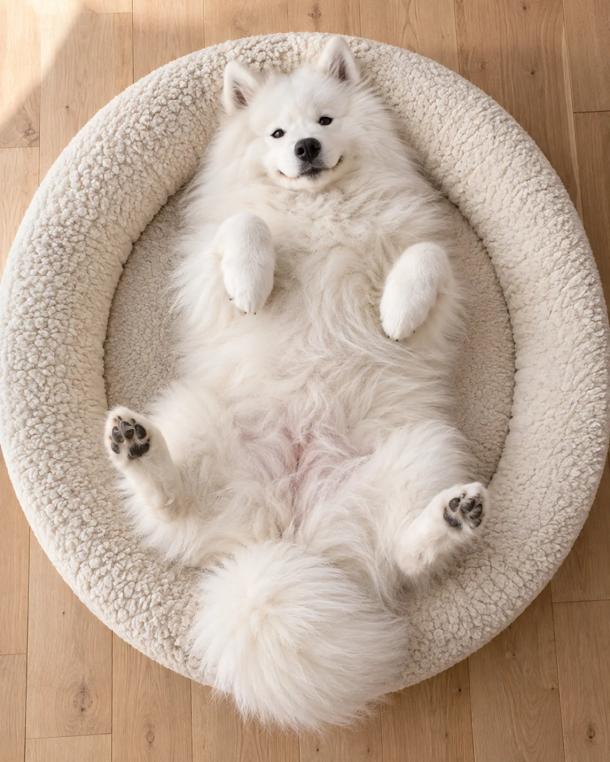 a large dog with a thick stand-off pure-white double coat erect ears an upturned smiling mouth and a curled tail lying flat on its back on a cream-colored round dog bed seen from directly overhead all four paws relaxed up in the air in a natural belly-up pose soft natural light light wood floor