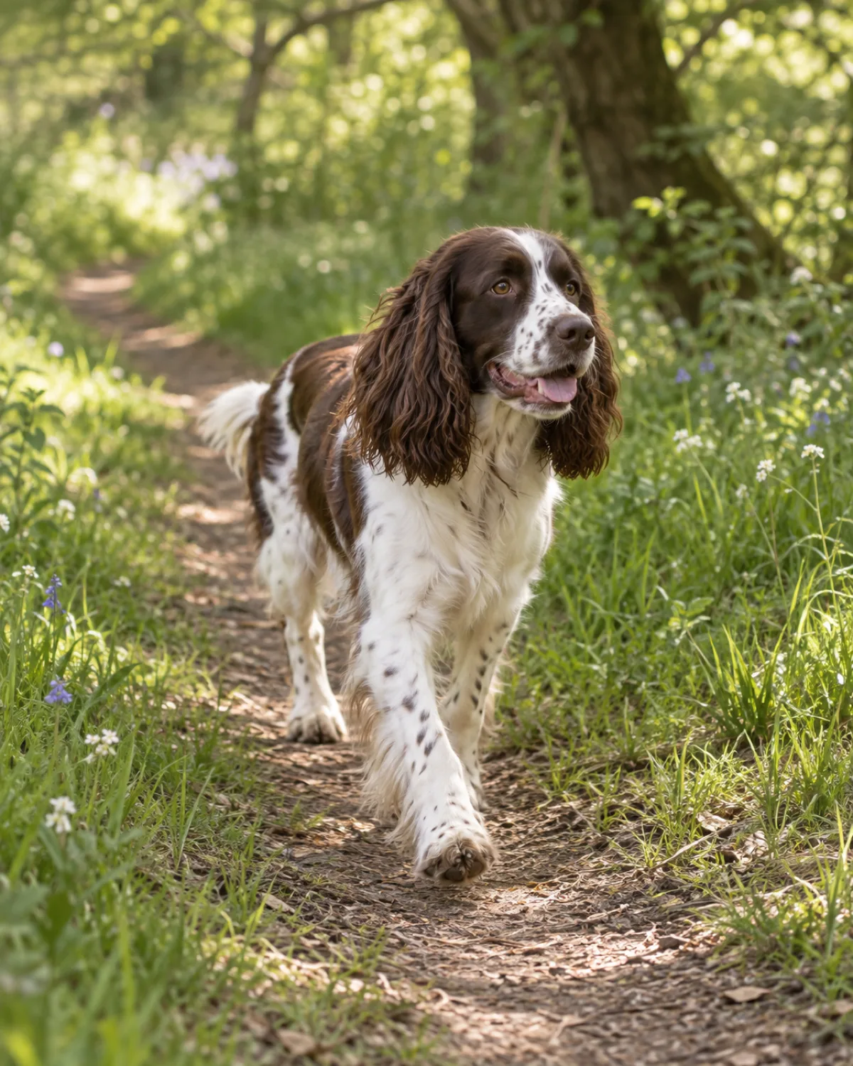 a medium athletic dog with a liver-and-white medium coat long feathered drop ears and feathered legs walking along a narrow dirt trail through green grass and scattered wildflowers ears gently bouncing looking slightly off-camera soft dappled sunlight filtering through trees candid mid-stride moment