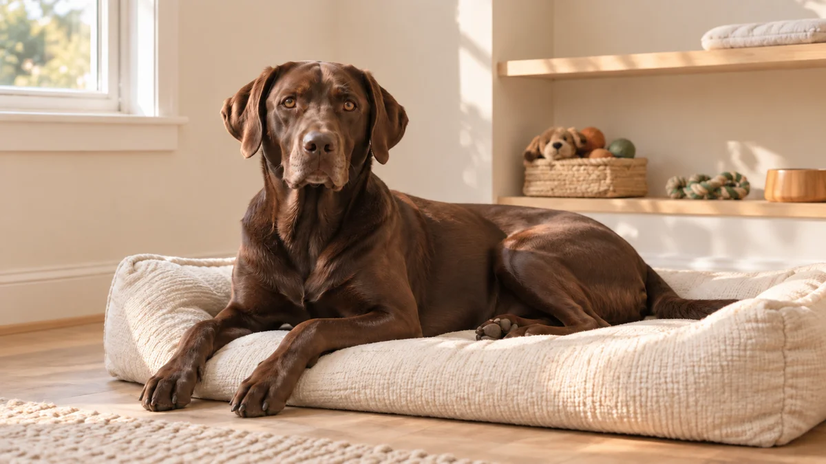 a large solid chocolate-brown short-coated dog with floppy ears lying in a bright dedicated dog room nook with pale wood shelving a cream cushion bed and a few toys on a low shelf in warm morning light
