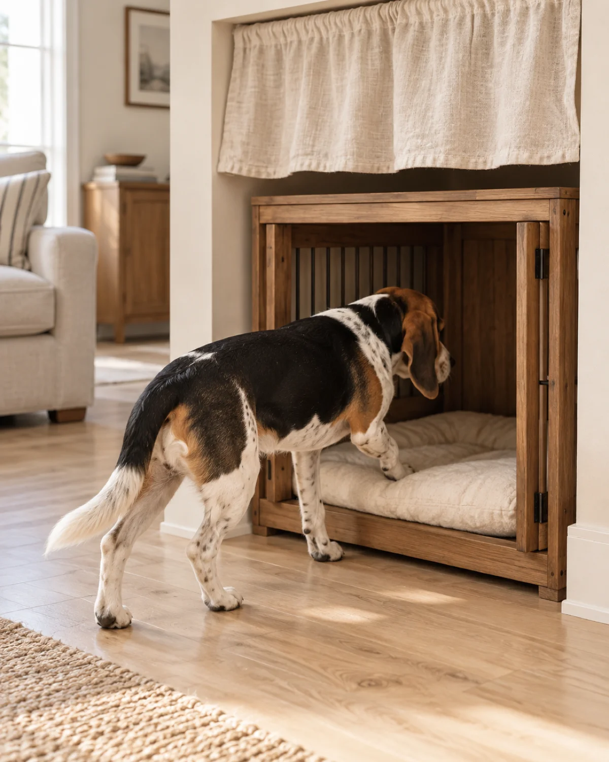 a small sturdy tricolor short-coated hound with long low-set floppy ears stepping into a wooden crate fitted inside a built-in wall alcove with a soft cream cushion inside and a pale linen curtain draped over the top of the alcove in a bright room with pale wood floor
