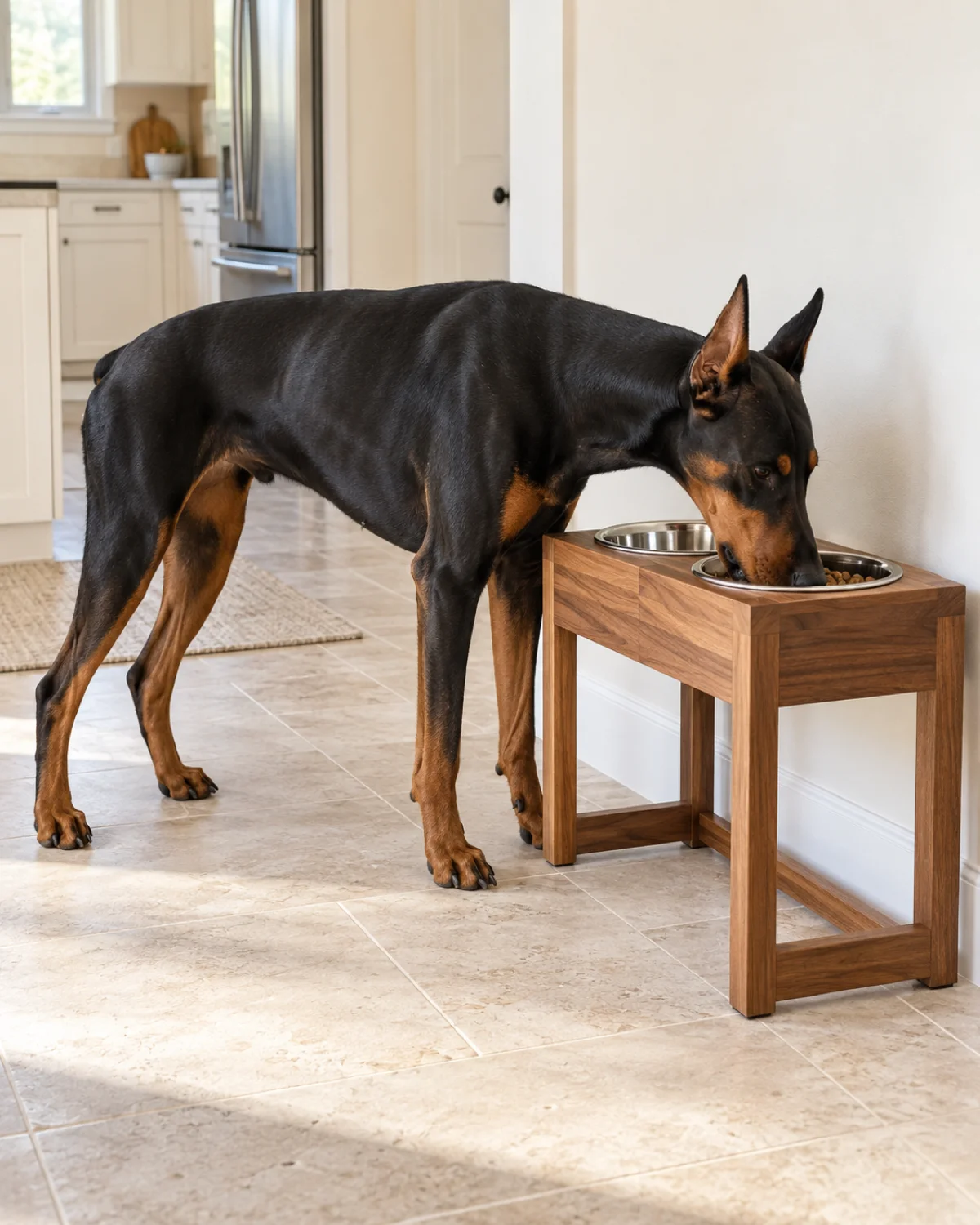 a large lean muscular dog with a sleek black-and-tan short coat with sharp rust points and upright ears eating from a raised wooden feeding station with two stainless steel bowls at chest height on a pale tile floor with cream walls and bright kitchen-adjacent light