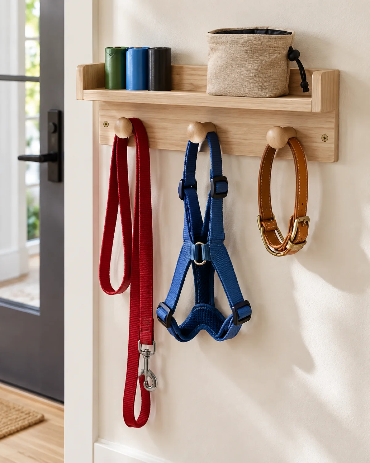 a pale wood wall-mounted rack with three hooks holding a red nylon leash a blue fabric harness and a tan leather collar with a small shelf above holding waste bags and a fabric treat pouch in bright entryway light from a nearby window on a cream wall