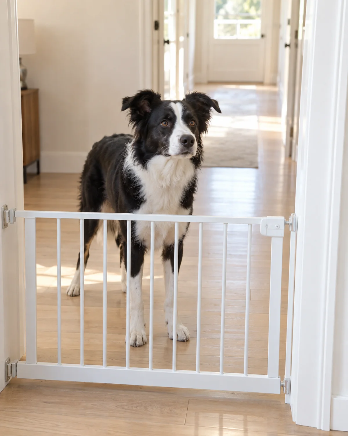 a medium athletic dog with a black-and-white coat with white blaze and collar and chest and medium fur and semi-erect ears standing calmly at the threshold of a room defined by a low white baby gate looking through the gate into a bright hallway beyond with pale wood floor on both sides