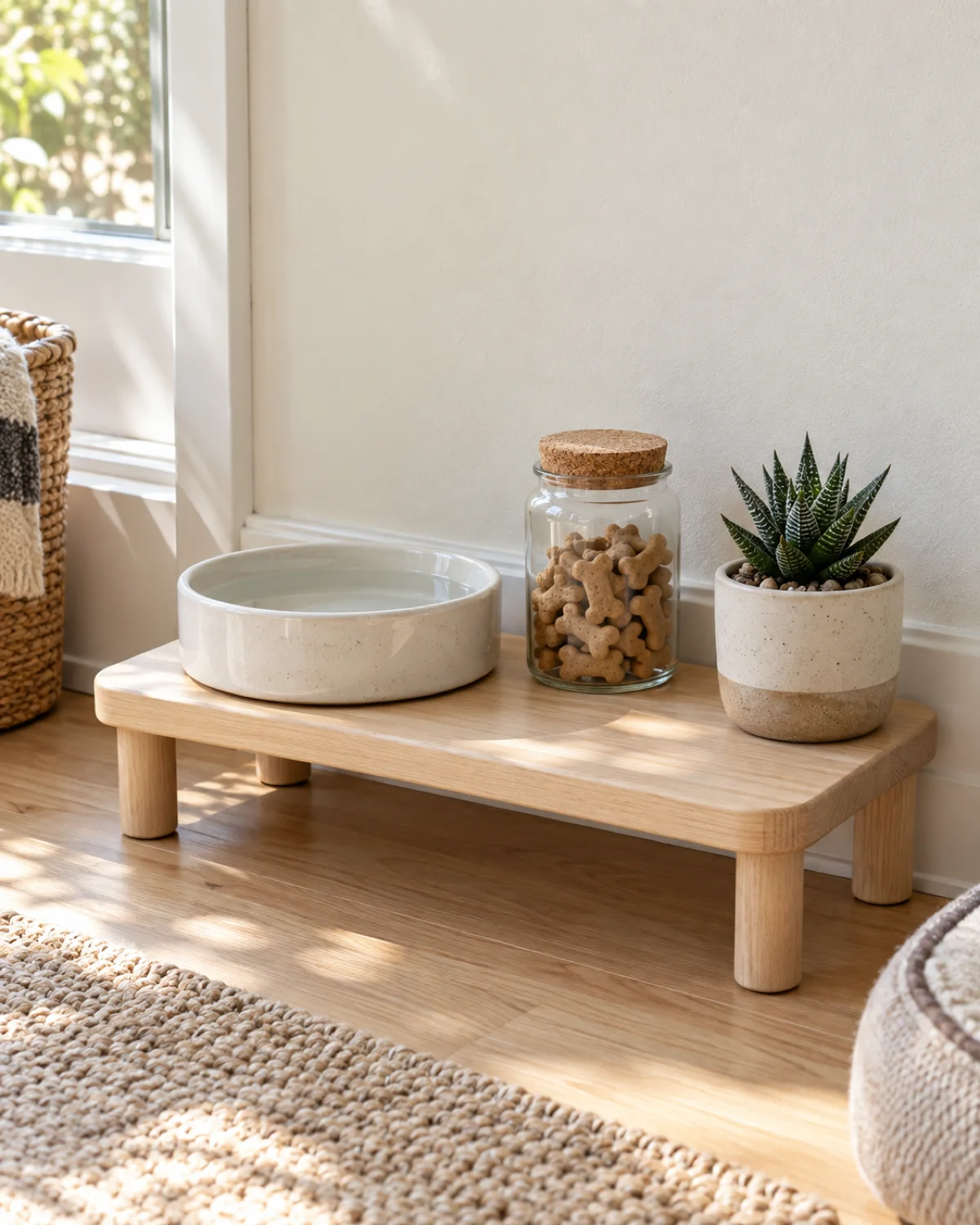 a low wooden shelf against a cream wall holding a ceramic water bowl a glass treat jar with a cork lid and a small potted succulent in bright natural light from a nearby window in a clean organized pet corner