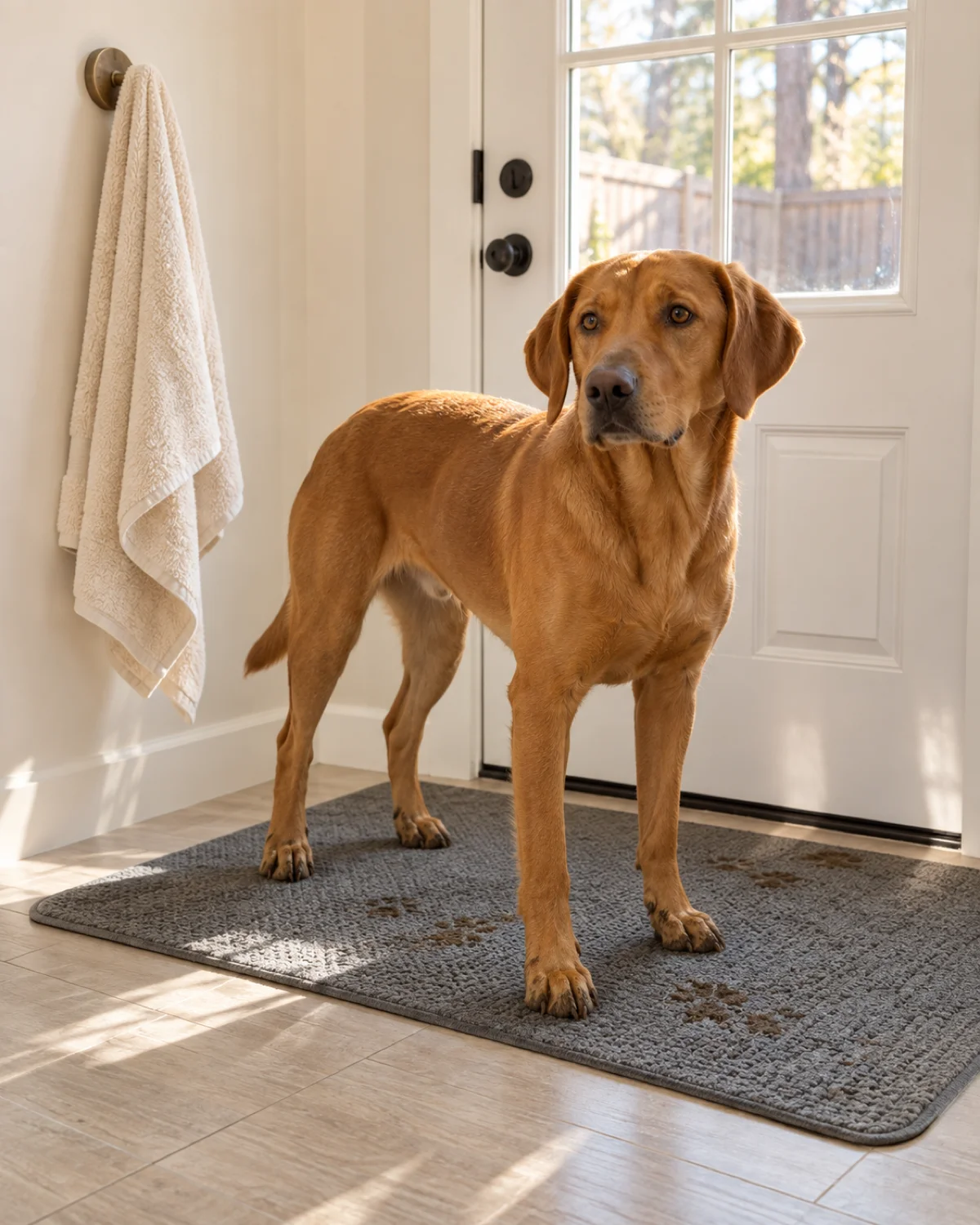 a medium-large sleek dog with a uniform rusty golden-brown short coat and floppy ears standing on a washable grey rubber mat near a back door with a few muddy paw prints on the mat and a cream towel draped over a low wall hook beside the door in bright afternoon light