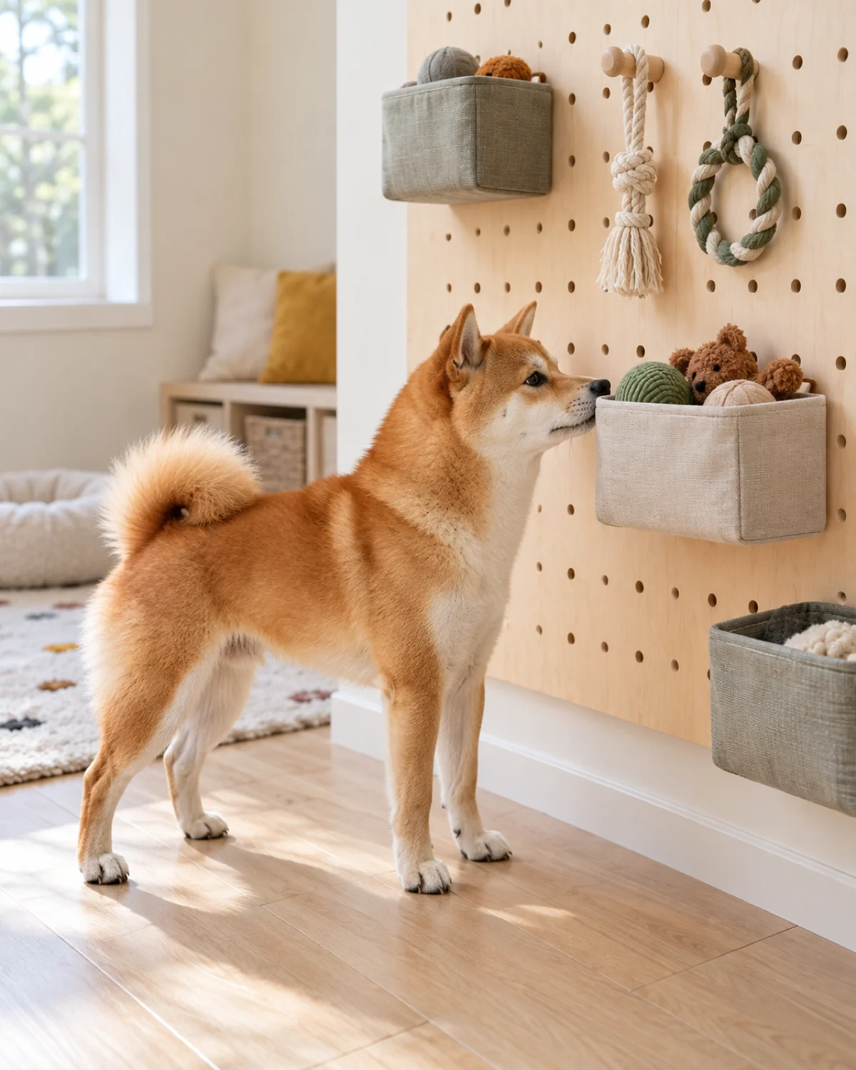 a small compact dog with a thick orange-red double coat and white underside with erect ears and a curled tail sniffing at a wall-mounted fabric bin of toys on a pale pegboard with two hooks above holding rope toys and a few more bins at different heights in a bright playroom corner with cream walls