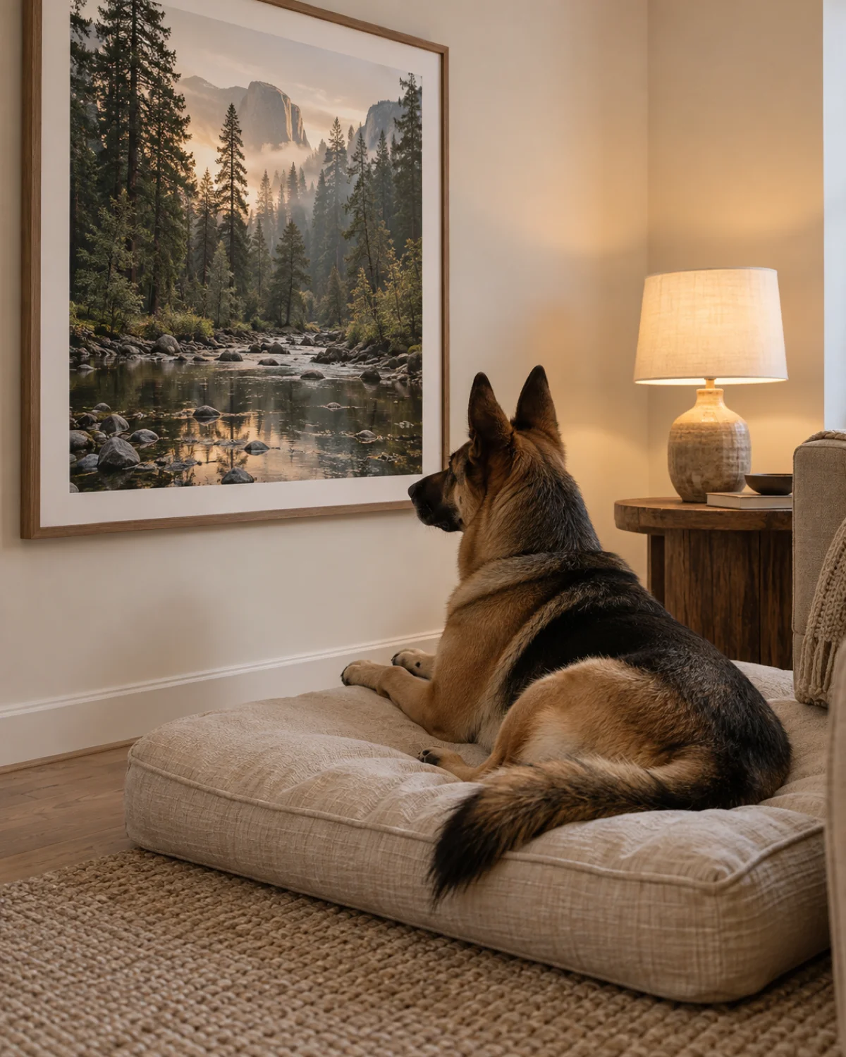 a large dog with a tan body and a black saddle-and-mask with medium coat and large upright pointed ears lying on a cushion facing a large framed nature photograph hung low on a cream wall at dog eye level with soft warm lamp light from a side table