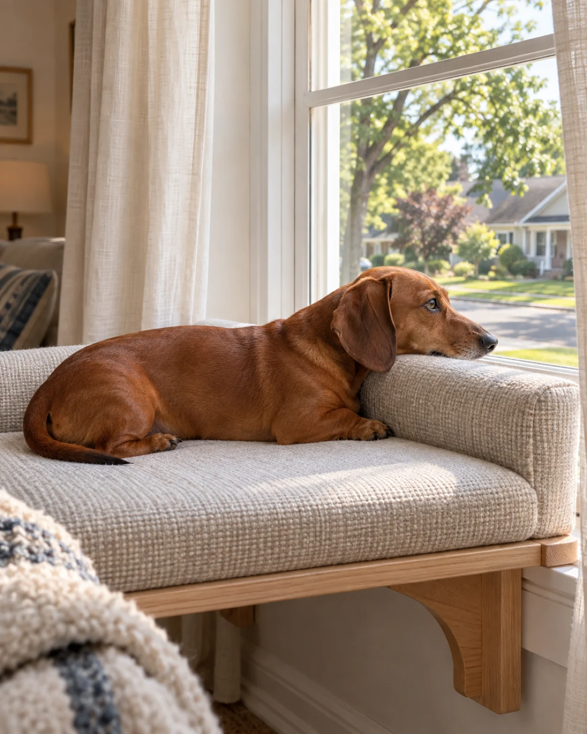 a small dog with very short legs and a long low body with a smooth solid-red coat and long floppy ears resting its chin on a padded fabric window shelf looking out through a bright window at a suburban street with trees in soft morning light with cream curtains pulled to the sides