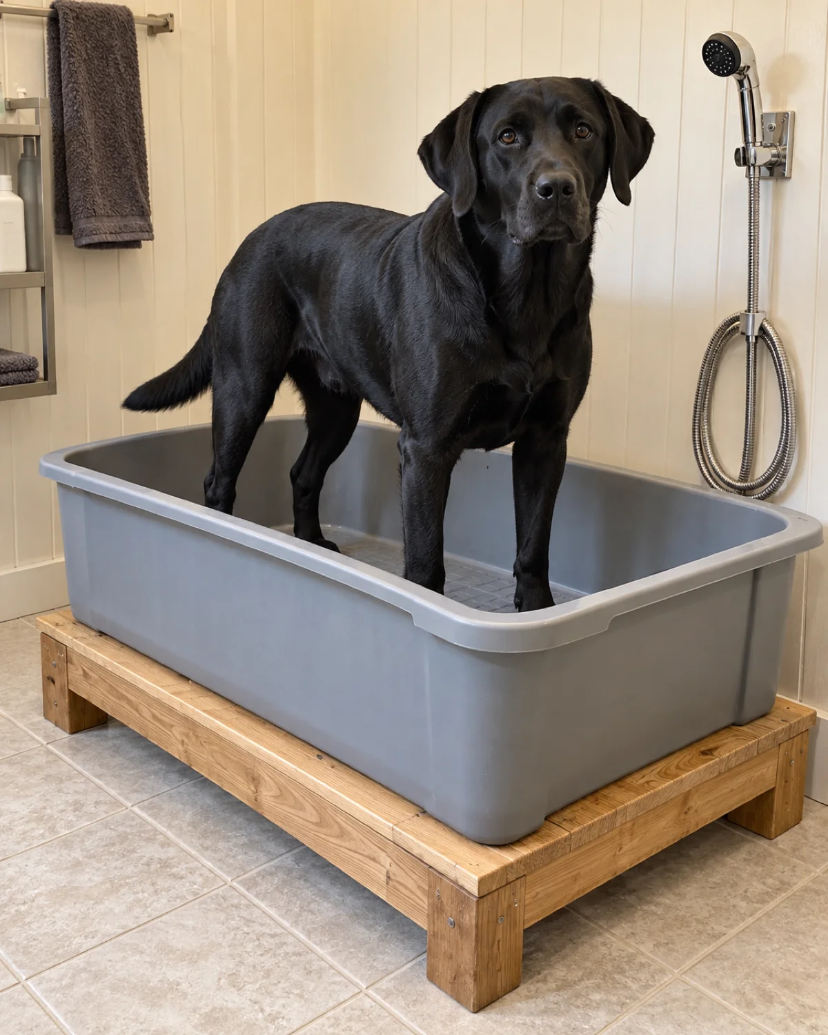 a large athletic solid-black short-coated dog with floppy ears and a glossy coat standing calmly in a small DIY wash station with a raised plastic tub set on a low wooden platform in a utility room and a handheld sprayer mounted on the wall beside the tub on a pale tile floor with bright overhead light