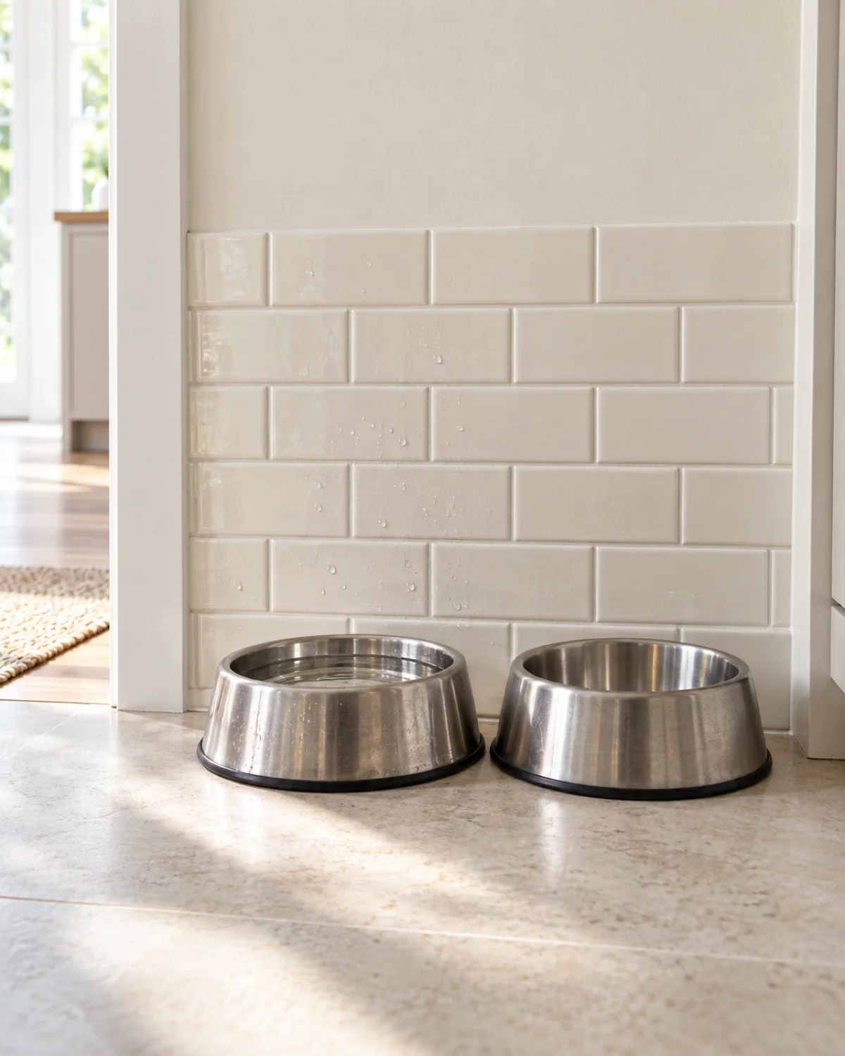 a cream peel-and-stick subway tile section on a wall behind two stainless steel dog bowls sitting on the floor with a few water splashes visible on the tile surface in bright kitchen-adjacent light from a window