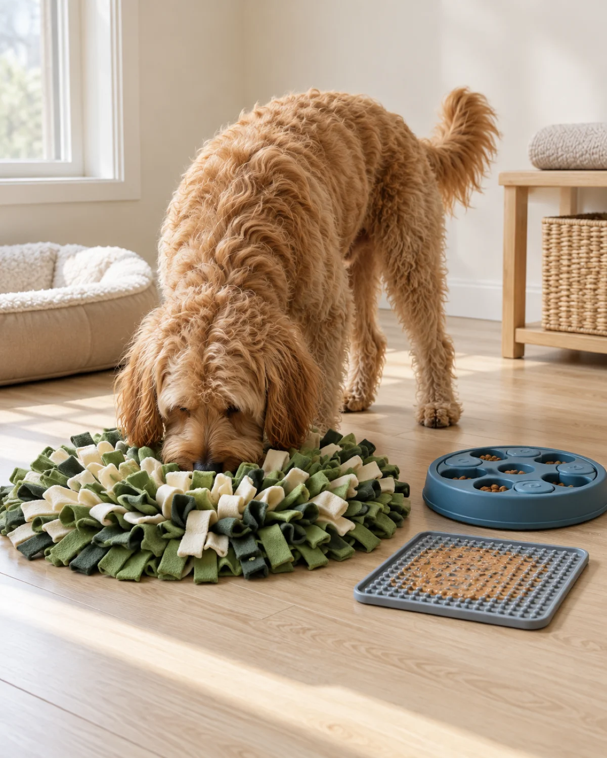 a medium dog with a soft shaggy wavy-to-curly golden coat and floppy ears and a rounded teddy-bear face nosing into a snuffle mat on the floor of a bright corner with a rubber puzzle feeder and a silicone lick mat arranged beside it on a pale wood floor with cream walls