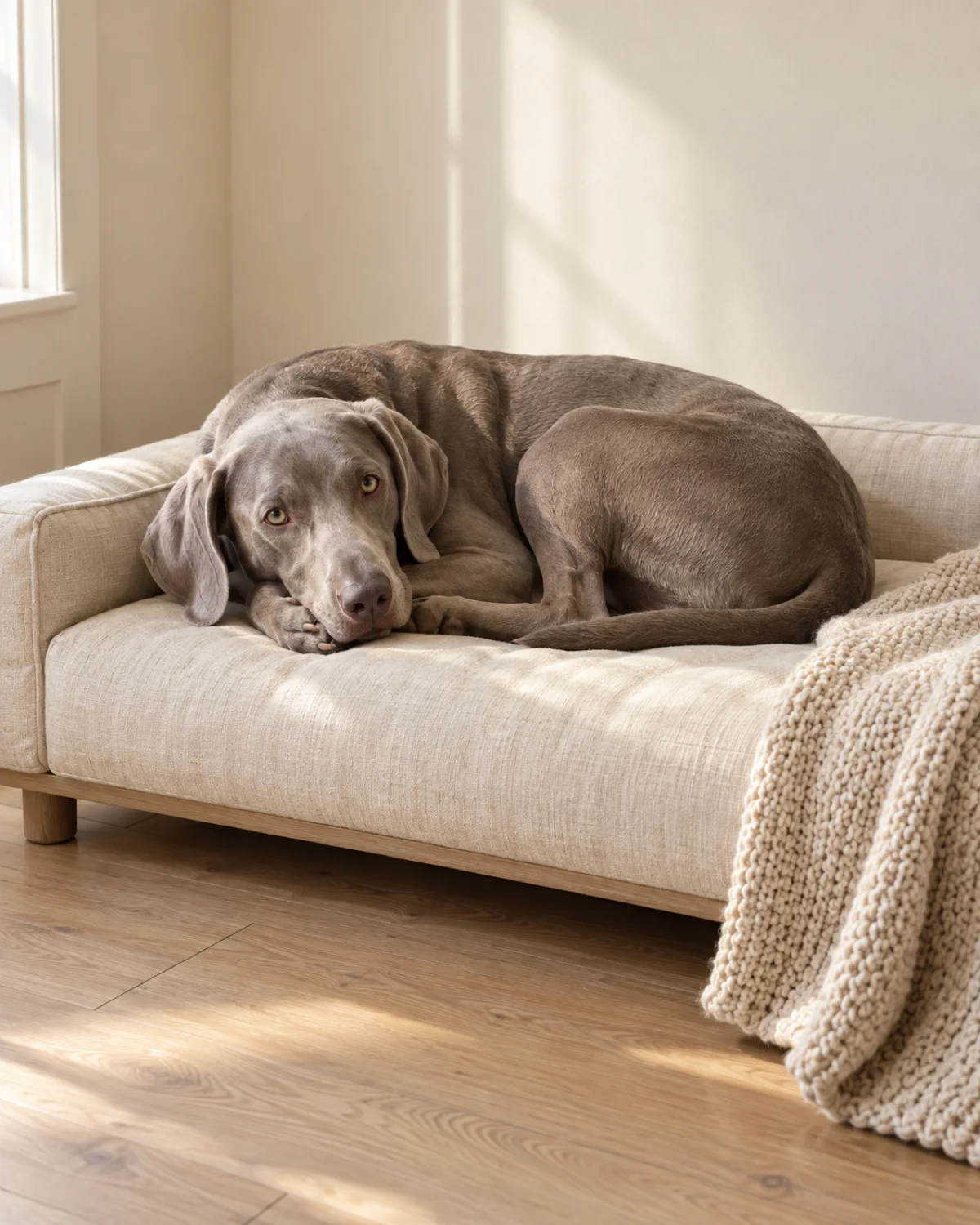 a large sleek dog with a solid silver-grey short coat and floppy ears and pale amber eyes curled up on a low upholstered daybed with a cream linen cover and a knit blanket draped over the edge in soft afternoon window light casting warm shadows