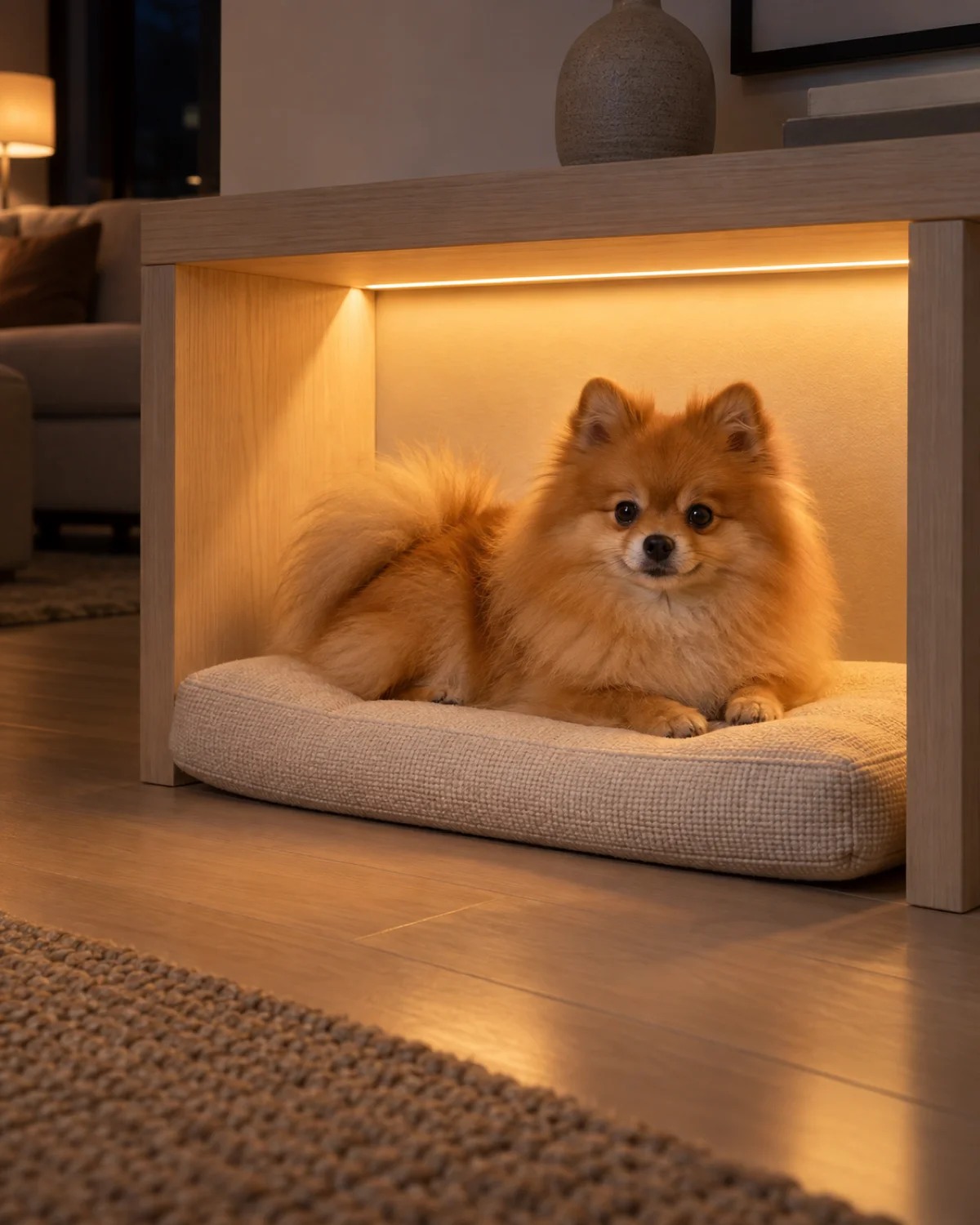 a tiny dog with a profuse fluffy orange double coat and a foxy face and small erect ears lying on a cushion under a low wooden shelf with a warm LED strip casting a soft amber glow along the shelf edge in dim evening light