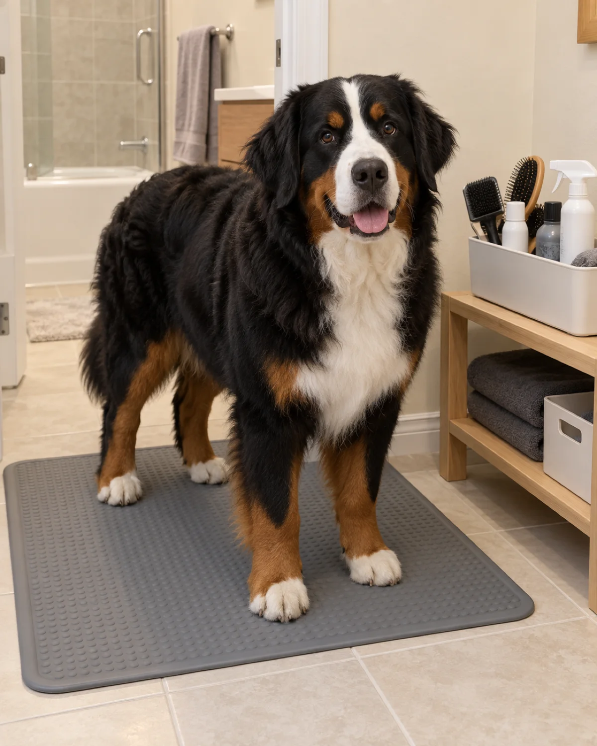 a large sturdy dog with a thick tricolor coat and black body and rust eyebrows and legs and white chest blaze and floppy ears standing on a grey rubber mat in a small grooming nook next to a bathroom with a caddy of brushes and spray bottles on a low shelf beside the dog in bright overhead light