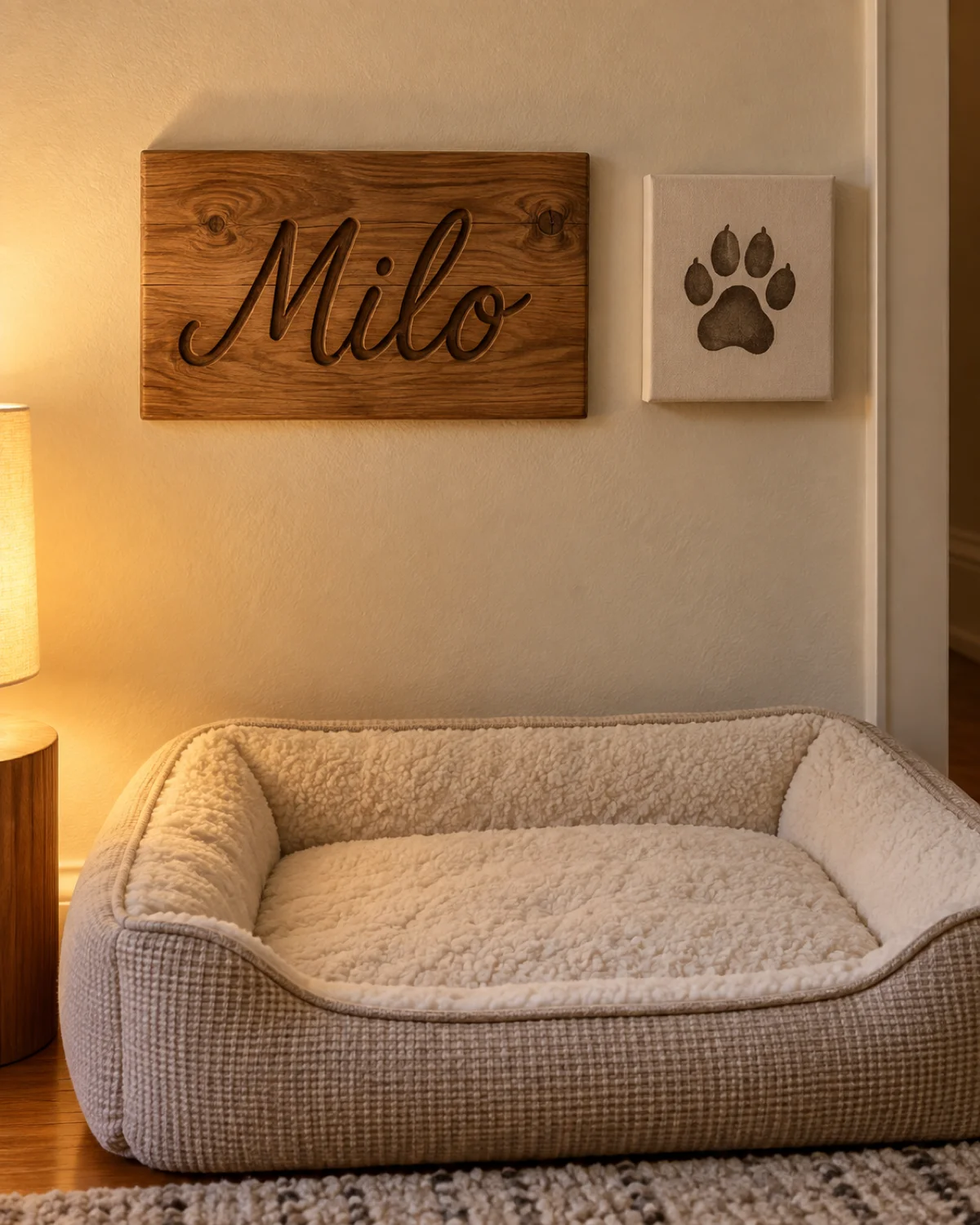a wooden name sign with script lettering mounted on a cream wall above a dog bed with a small paw print canvas art piece beside the sign and warm lamp light from below casting a gentle glow