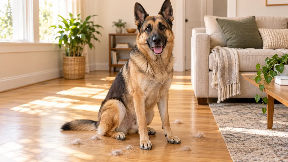 a large dog with a tan body and a black saddle-and-mask medium coat and large upright pointed ears sitting relaxed on a light honey hardwood floor with scattered tufts of shed fur around its paws in warm morning sunlight