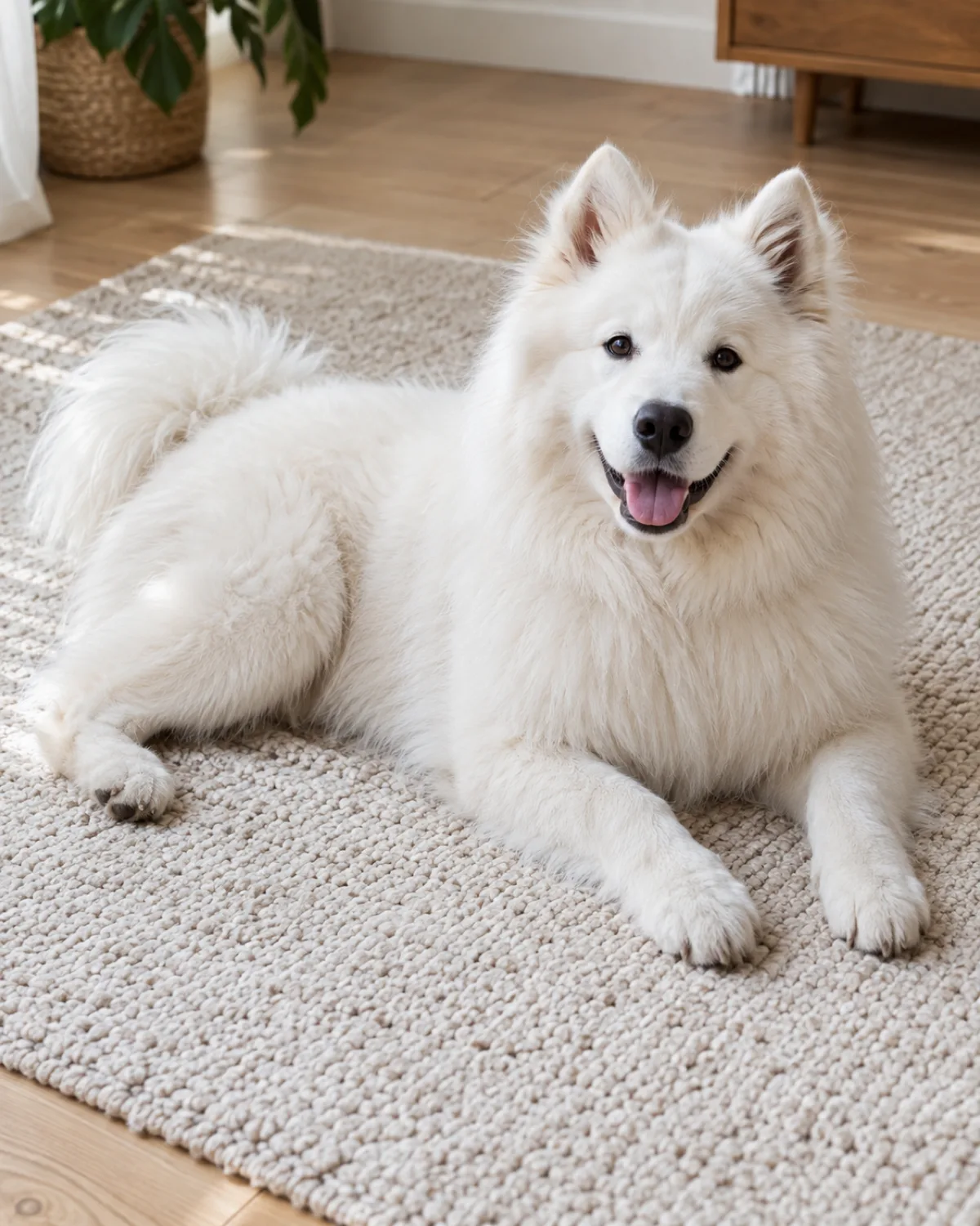 a large dog with a thick stand-off pure-white double coat erect ears and an upturned smiling mouth lying on a cream wool rug with wisps of soft white undercoat lifting gently away from the body in soft natural window light