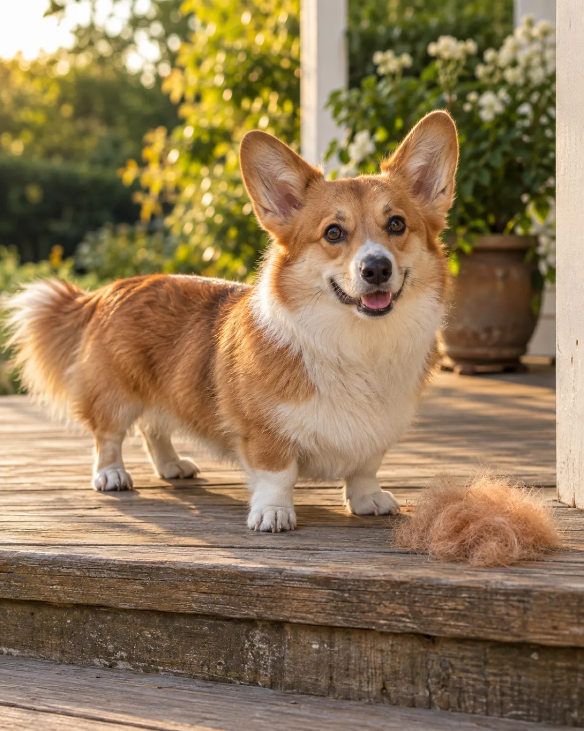 a small dog with very short legs and a long low body a red-and-white coat oversized erect ears and a foxy face standing on a warm-toned porch step beside a small neat pile of brushed-out reddish fur in golden late-afternoon light