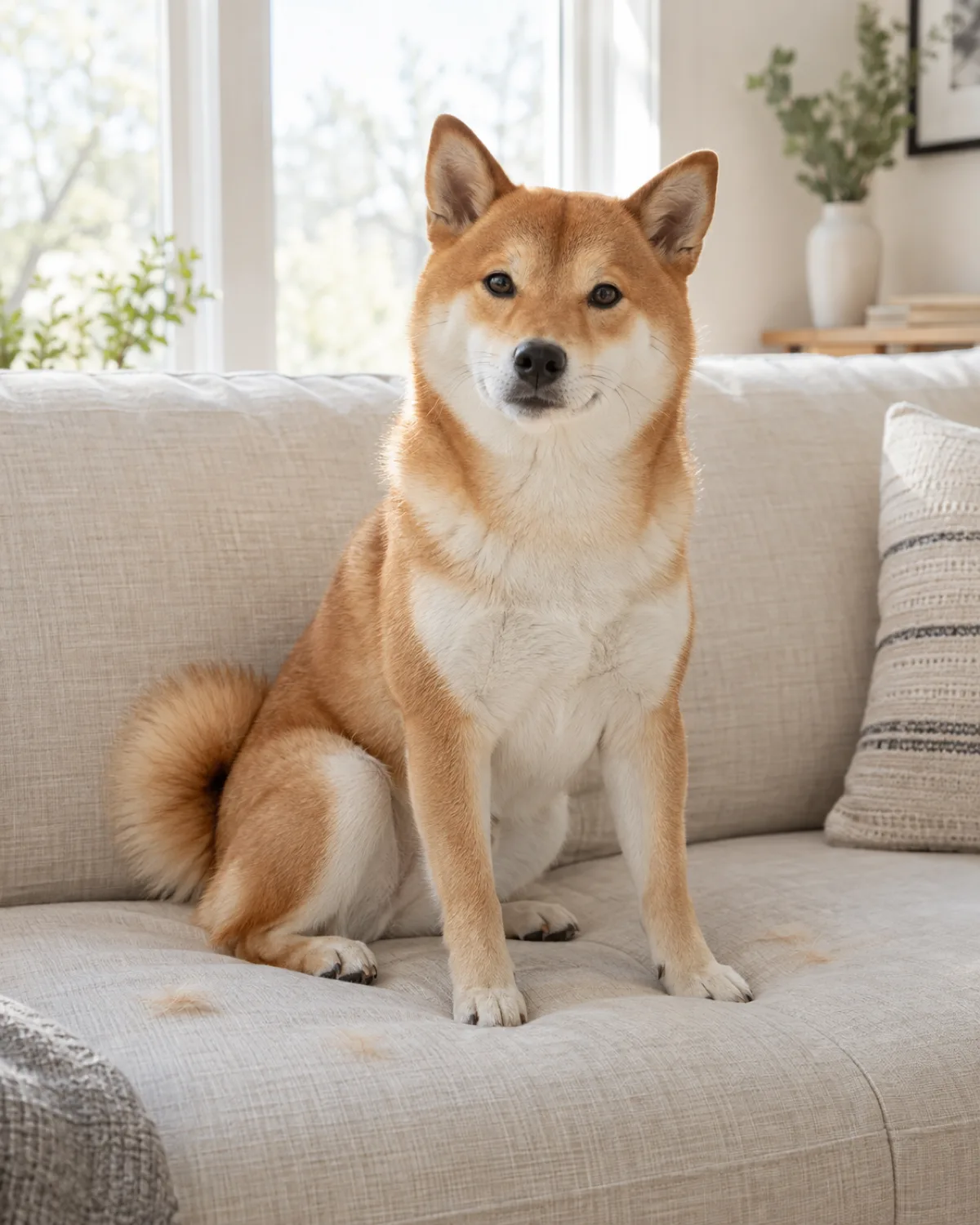 a small compact dog with a thick orange-red double coat and white underside erect ears a curled tail and a fox-like face sitting alertly on a pale linen couch with a few tufts of orange fur on the light cushion fabric in bright window light