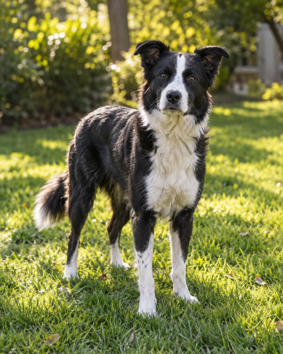 a medium athletic dog with a black-and-white coat with white blaze and collar and chest medium fur semi-erect ears and an intense focused gaze standing in a grassy backyard with dappled sunlight filtering through tree leaves