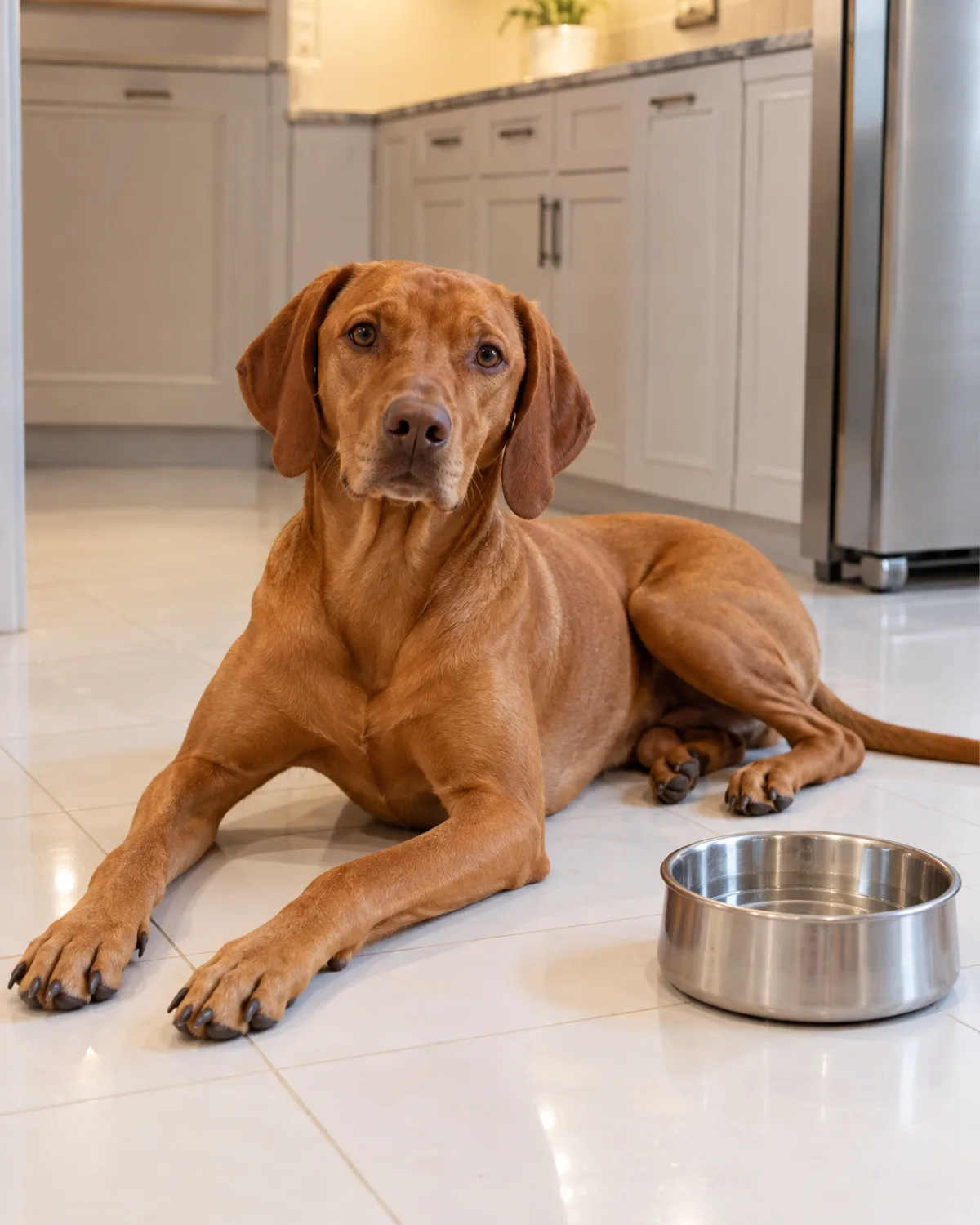 a medium-large sleek dog with a uniform rusty golden-brown short coat floppy ears and a lean athletic frame lying on white kitchen tile floor beside a stainless steel water bowl in warm interior light