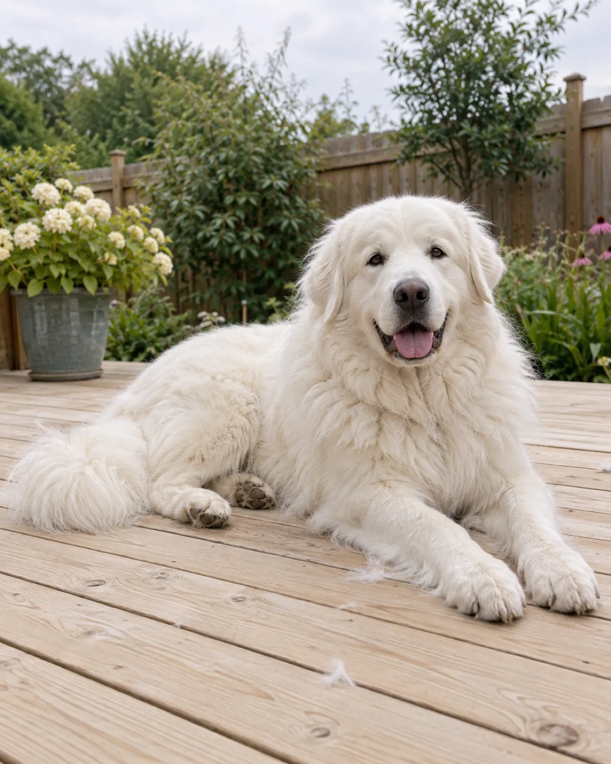 a giant dog with a thick solid-white long double coat a mane around the neck floppy ears and a gentle face lying on a pale natural wood deck with small clumps of white fur drifting nearby in soft overcast daylight