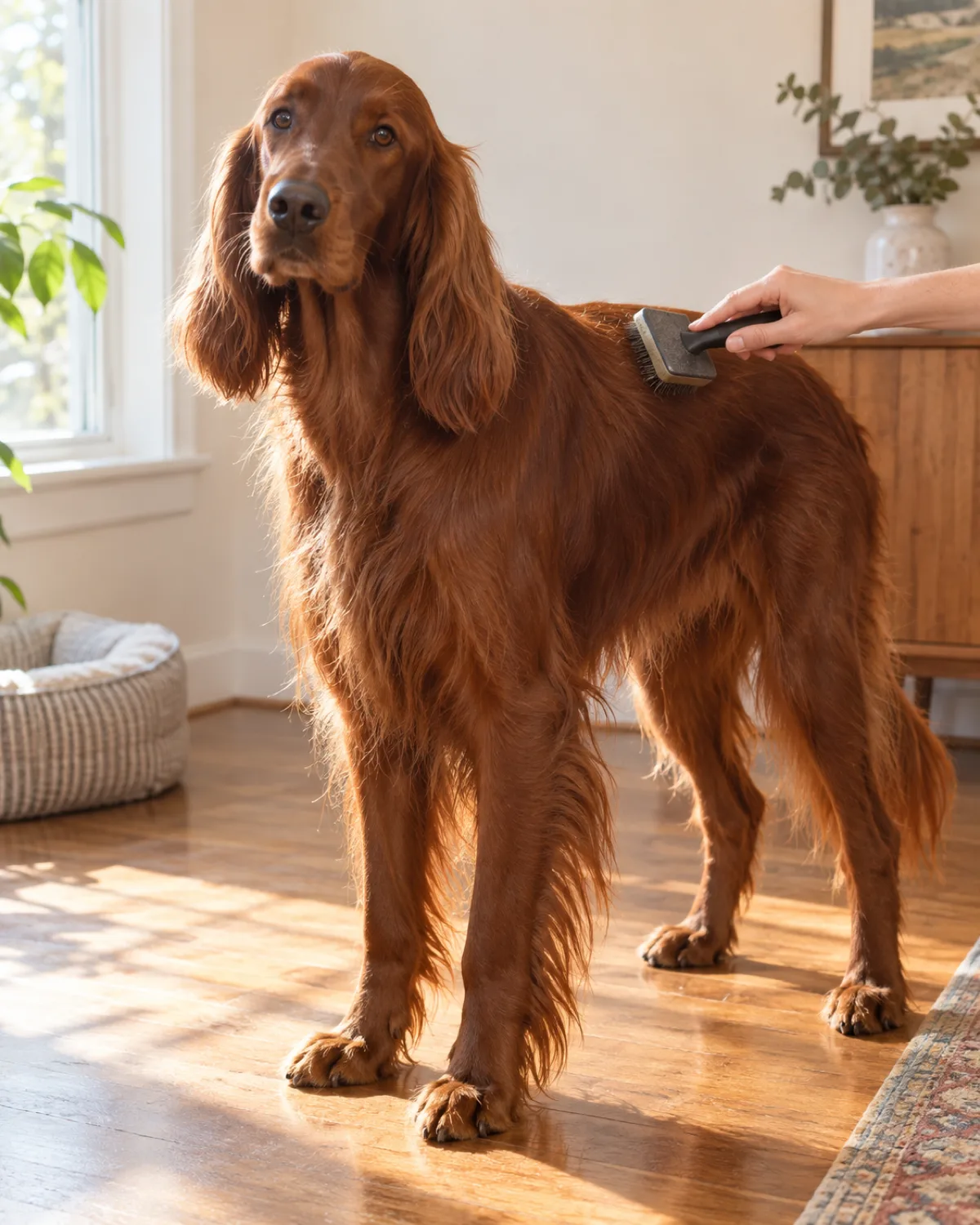a large lean dog with a solid deep mahogany-red long silky feathered coat and long floppy ears standing on a warm hardwood floor with an owner hand holding a slicker brush visible at the dog shoulder area in morning light from a nearby window