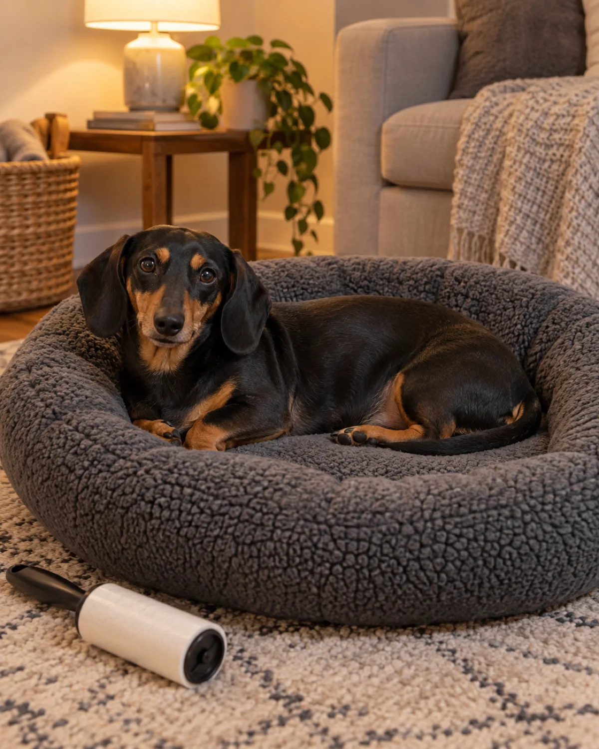 a small dog with a very long low body and very short legs a smooth black-and-tan coat and long floppy ears curled comfortably on a dark grey plush pet bed with a lint roller lying nearby and a few short dark hairs visible on the bed surface in cozy warm lamp light