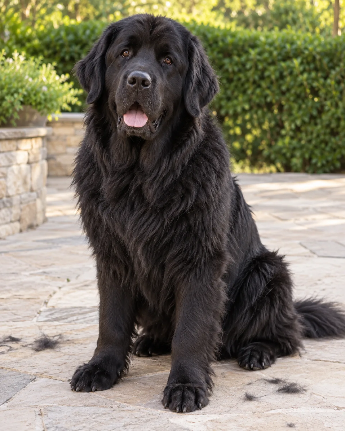 a giant dog with a thick solid-black long coat a large head heavy bone a gentle expression and floppy ears sitting on a light stone patio with visible tufts of black fur on the pale stone surface in soft diffused daylight