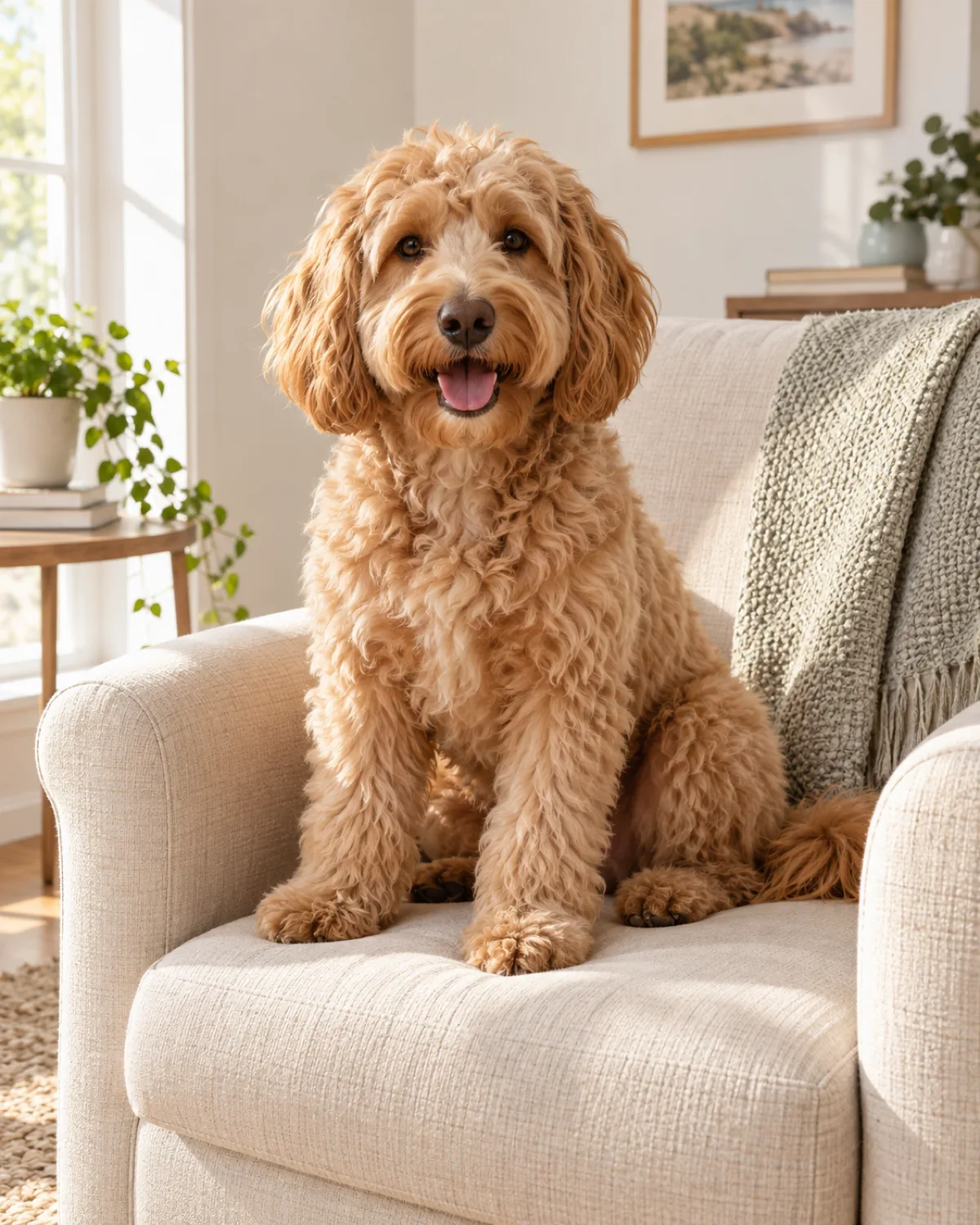 a medium dog with a soft shaggy wavy-to-curly golden or apricot coat floppy ears and a rounded teddy-bear face sitting on a cream upholstered armchair in a bright living room with morning sunlight